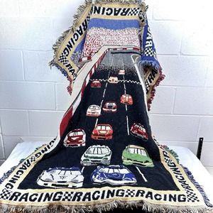 Vintage Crown Crafts Blanket Throw Racing Cars Kids Fringe